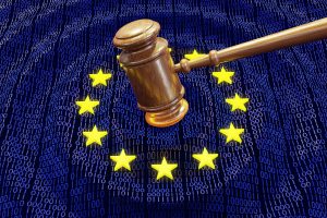 Judge hammer or gavel hitting EU data bits and bytes. Concept of GDPR law, breach and monetary penalty